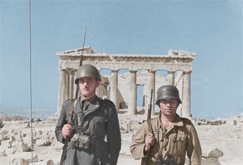 Italian And German Soldiers Standing In The Acropolis Of Athens