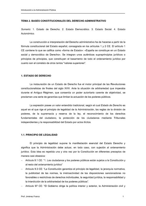 Tema 2 Bases Constitucionales Del Derecho Administrativo Introducción A La Administración