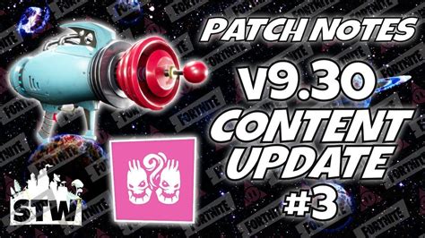 The downtime for this fortnite update will start at 3am ct (9am utc) and will end roughly about 7 am et (12:00 utc) though this may vary depending on how swiftly epic can upload the patch. Patch Notes: v9.30 Content Update #3 | Fortnite STW - YouTube