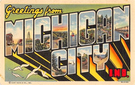 Michigan City Indiana Large Letter Linen Antique Postcard J