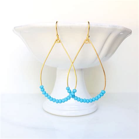 Handmade Textured Teardrop Hoop Earrings With Turquoise Embellishments