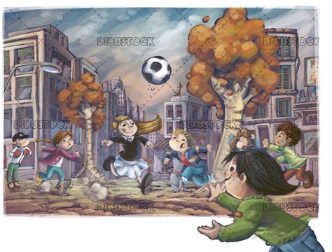 Niños Y Niñas Jugando Al Fútbol En La Calle Dibustock Dibujos E