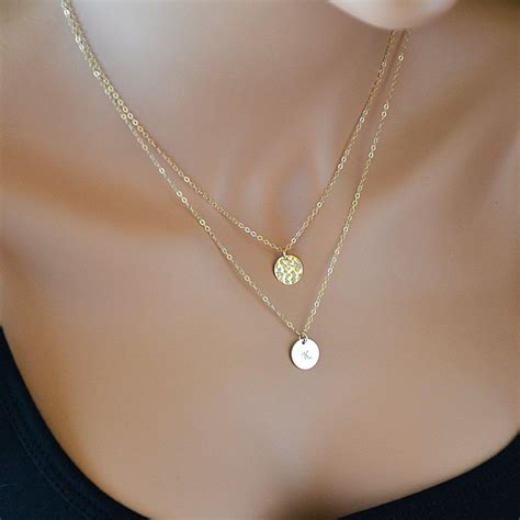 Double Strand Necklace Layered Necklace Gold Hammered Disc Etsy