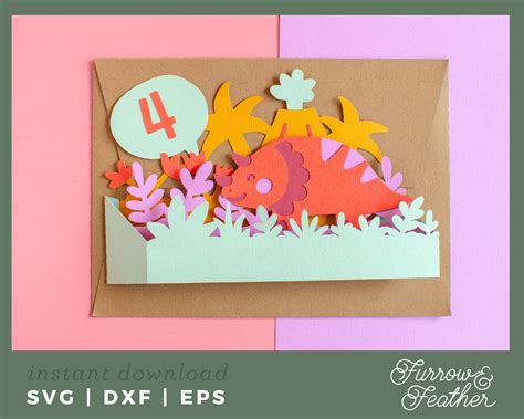 Dinosaur Pop Up Box Birthday Card Template 3d Papercut Svg Etsy