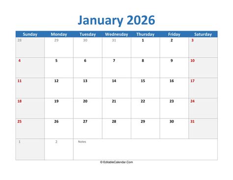 January 2026 Printable Calendar With Holidays