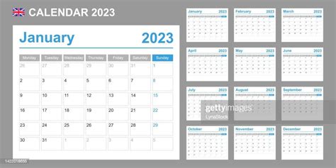 Uk Calendar For 2023 Week Starts On Monday Simple Vector Template
