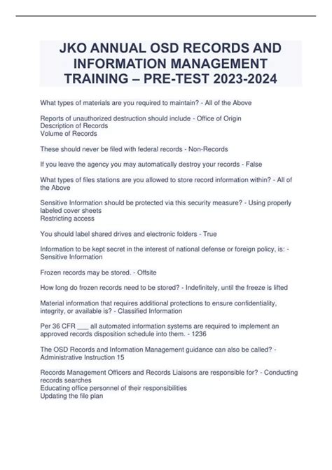 JKO ANNUAL OSD RECORDS AND INFORMATION MANAGEMENT TRAINING – PRE-TEST