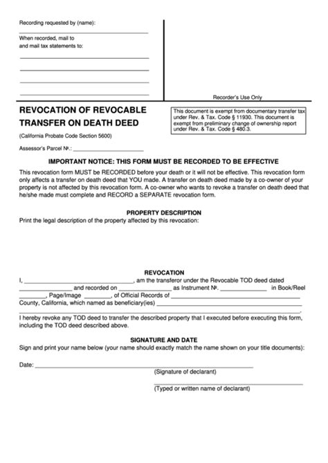 Fillable Revocation Of Revocable Transfer On Death Deed Form Printable