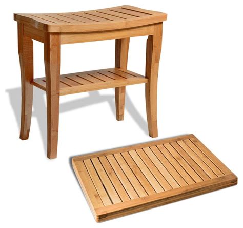 Bambusi Bamboo Shower Seat Bench With Bathroom Floor Mat Modern