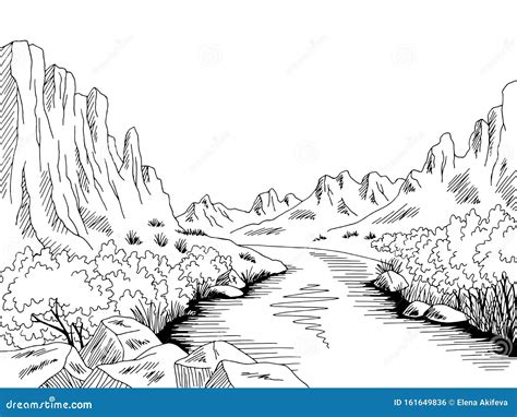 Canyon River Graphic Black White Desert Mountain Landscape Sketch