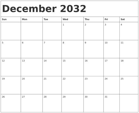 December 2032 Calendar Template