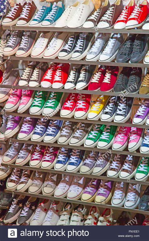 Lots Of Sneaker Shoes On Sale Stock Photo Alamy