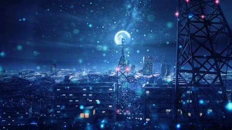 Download 3840x2160 Anime City Night Moon Stars Sky