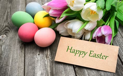 Text Happy Easter Eggs Easter Tulips For Phone Wallpapers 2560x1600