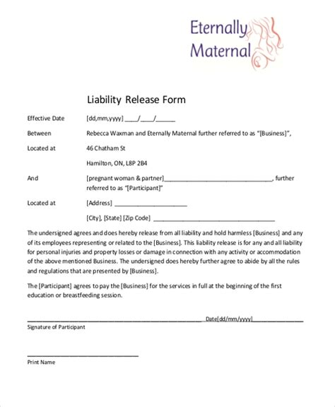 Free 9 Sample Liability Release Forms In Ms Word Pdf