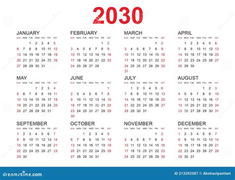 Calendar 2030 Template Vector Simple Minimal Design Planner 2030 Year