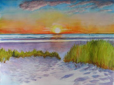 Bunnys Artwork Sunset At The Beach Watercolor Painting