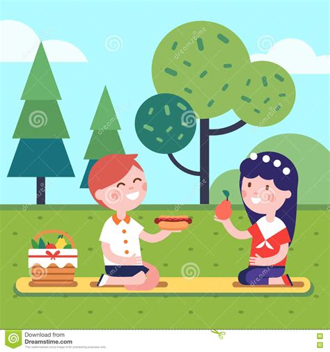 Two Kids Having Lunch Picnic At The Park Grass Stock Vector