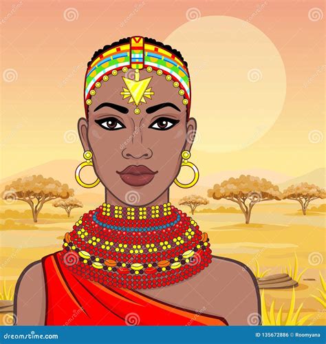 Animation Portrait Of The Beautiful African Woman In Ancient Clothes And Jewelry Stock Vector