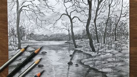 How To Draw And Shade A Landscape In Pencil Scenery Drawing In Pencil