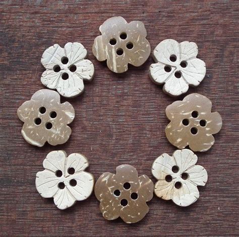 Set 8 Flower Shape Coconut Shell Buttons Carved Design Reversible