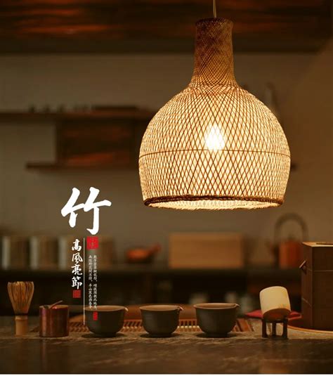 Round Craft Bamboo Wicker Rattan Cage Shade Pendant Light Fixture Asian