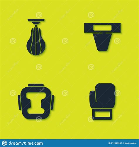 Set Punching Bag Boxing Glove Helmet And Groin Guard Icon Vector