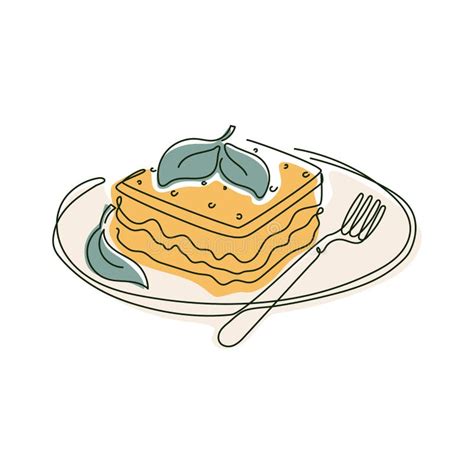 Lasagna On A Plate With Fork And Spinach Leaf Vector Isolated Line Art