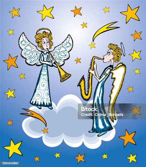 Vector Illustration With Couple Angels Playing Trumpets In Starry Sky
