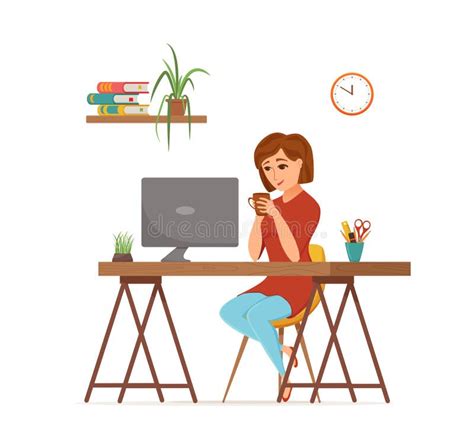 Woman Working On Computer Colorful Vector Concept Cartoon Flat Style