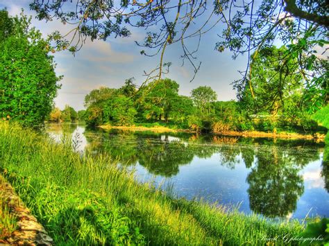 Sky Clouds River Tree Bush Grass Landscape Hd Wallpaper