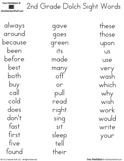 Second Grade Dolch Sight Word Printables A To Z Teacher Stuff