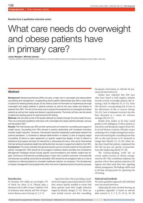 Pdf What Care Needs Do Overweight And Obese Patients Have In Primary Care Results From A