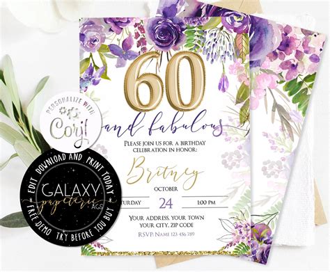 Editable 60th Birthday Invitation Blush Floral Editable Etsy Uk