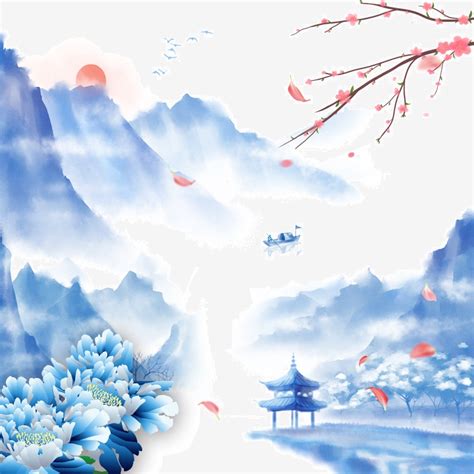 Chinese Style Simple Ink Landscape Painting Plum Blue Background