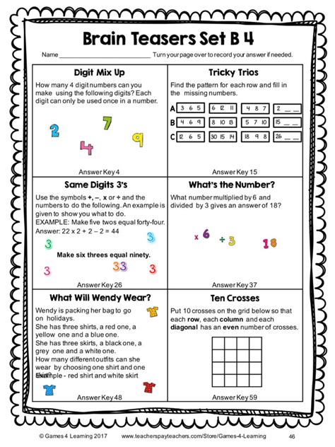 Math game time offers free math worksheets featuring homework help for students and teachers. Worksheet Brain Teaser Worksheets Kindergarten Math Brain ...