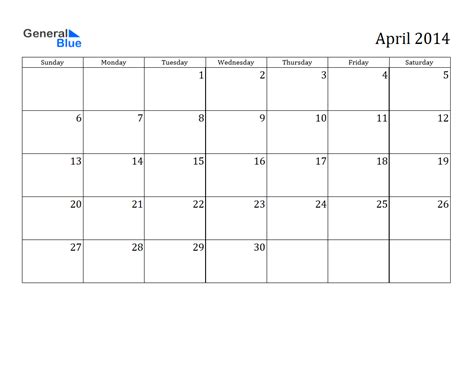 April 2014 Calendar Printable 1 Printable Calendar 2014 Blank