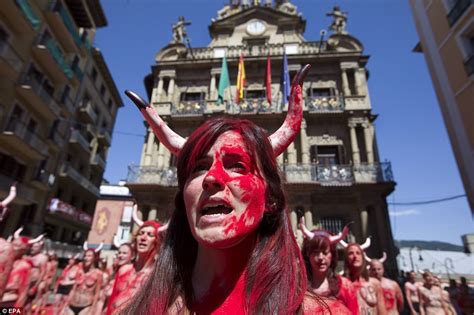 Topless Protest Against Pamplona Bull Running Festival Daily Mail Online