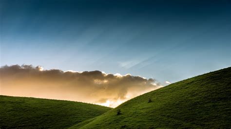 Nature Landscape Clouds Hills Grass Sun Rays Fence