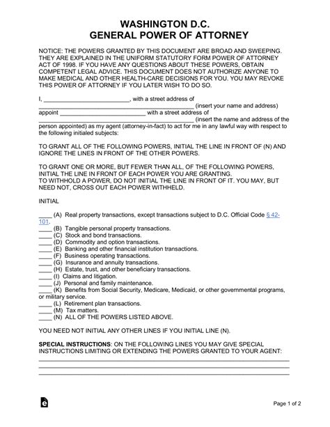 Free Washington Dc General Power Of Attorney Pdf Word Eforms