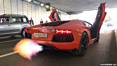 Lamborghini Aventador With Straight Pipe Exhaust Huge Flames And Sounds
