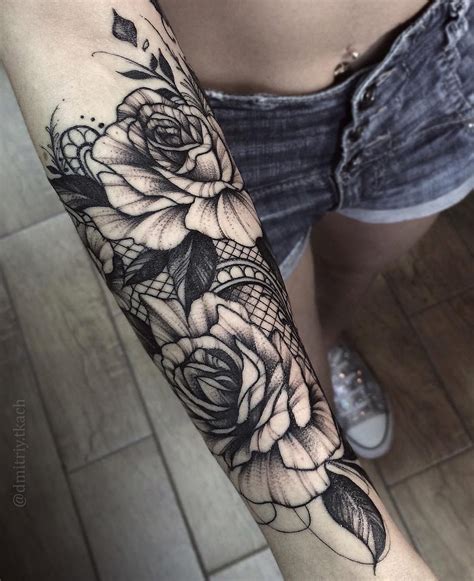 Roses And Lace Black Ink Forearm Piece Best Tattoo Design