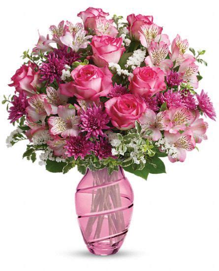 Telefloras Pink Bliss Bouquet In A Pink Glass Vase For Mothers Day