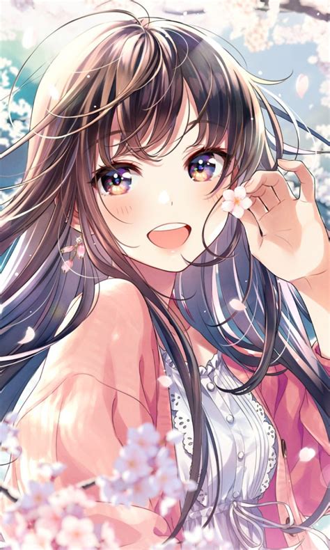 Download 768x1280 Anime Girl Pretty Brown Hair Smiling