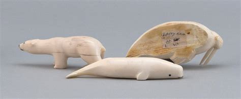 Lot Three Carved Walrus Ivory Animals Probably Eskimo Made 20th Century