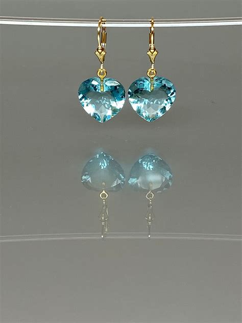 14K Gold Aquamarine Heart Earrings Aquamarine Drop Earring Sky Blue