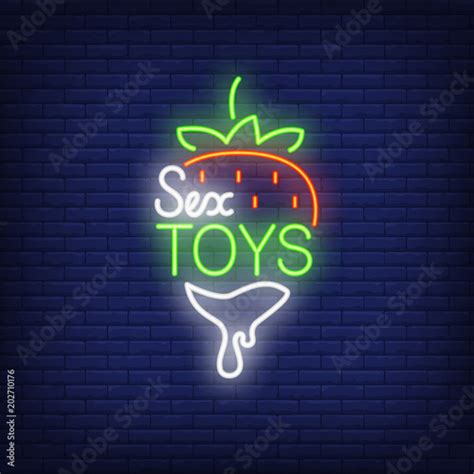 Strawberry With Sex Toys Lettering Neon Sign On Brick Background Sex