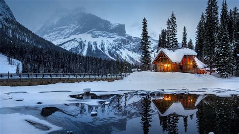 Wallpaper House Mountains Snow Lake Beautiful Landscape House In