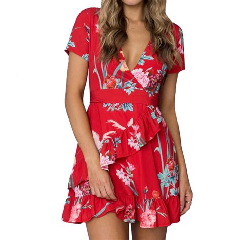 Lily Rosie Girl Ruffles Red Sexy V Neck Women Short Dress 2018 Summer