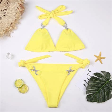 Yellow Swimwear Ladies Bikini Set With Diamond Accessory China Custom